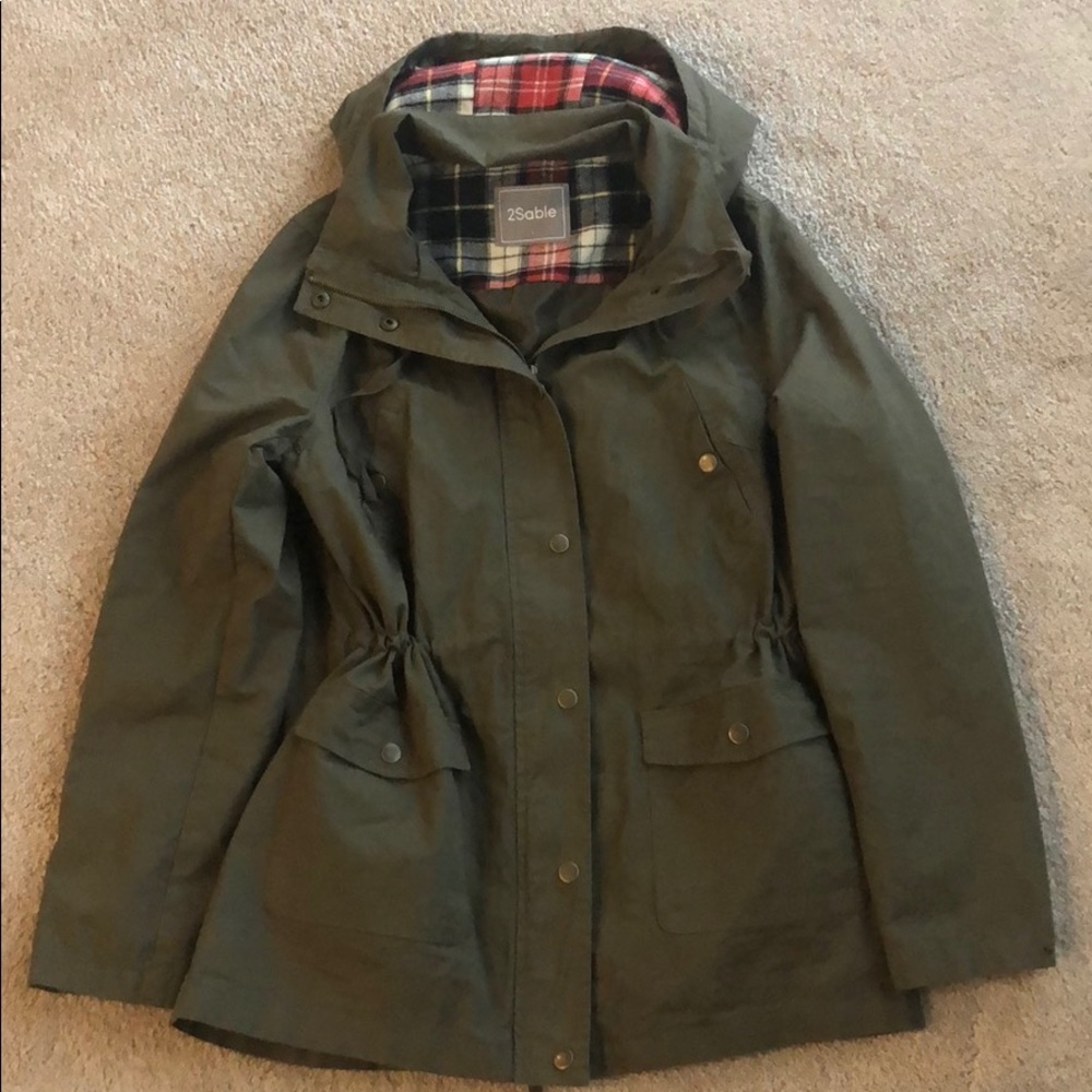 Green Anorak zip/button up jacket with plaid hood